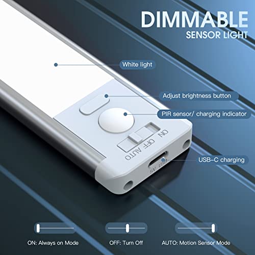 10inch Under Cabinet Lighting  2 Pack Rechargeable Motion Sensor Light Indoor  5 Levels Dimmable Magnetic Closet Lights  Wireless Under Counter Lights for Kitchen  Stairs