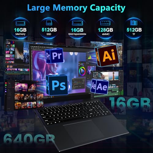 17 6 inch Student Laptop Computer  2025 16GB RAM 640GB Storage TF Expandable 512GB Laptop  Quad Cores Processor  1920X1200 FHD Display  1 Year Office 365  Backlit Keyboard  WiFi 6  Type C