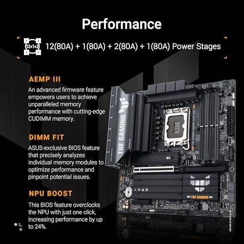 ASUS TUF Gaming B860M PLUS WiFi B860 LGA 1851 mATX Motherboard  Intel  Core  Ultra Series 2 Ready  AI PC  12 1 2 1 80A Stages  DDR5 PCIe 5 0  3X M 2  Wi Fi 7  2 5G LAN  HDMI   USB 20Gbps Type C 