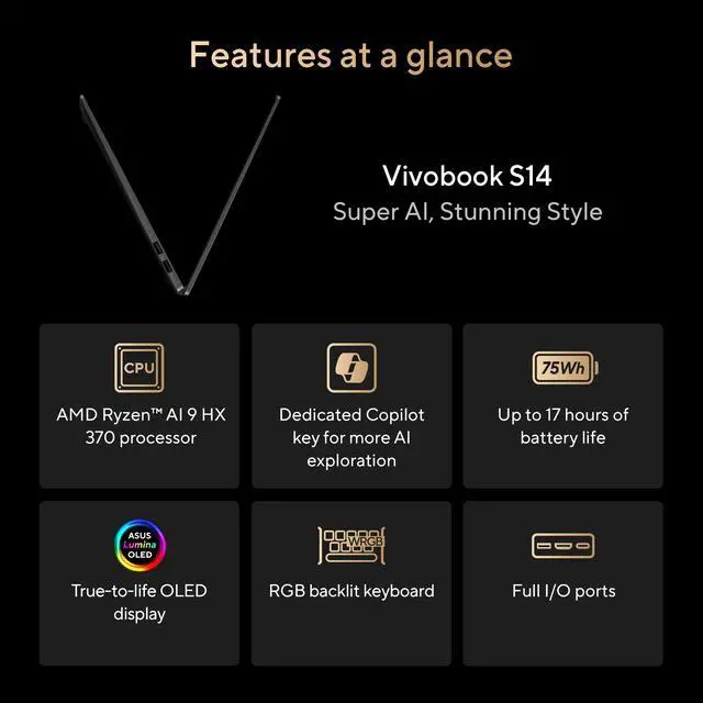 ASUS Vivobook S14 Laptop  Copilot  PC AMD Ryzen AI 9 HX 370 32GB RAM 1TB SSD  M5406WA BS99 