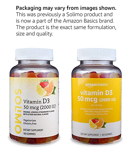 Amazon Basics Vitamin D3 2000 IU Gummies  Orange  Lemon & Strawberry  160 Count  2 per Serving   Previously Solimo 