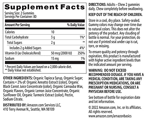 Amazon Basics Vitamin D3 2000 IU Gummies  Orange  Lemon & Strawberry  160 Count  2 per Serving   Previously Solimo 