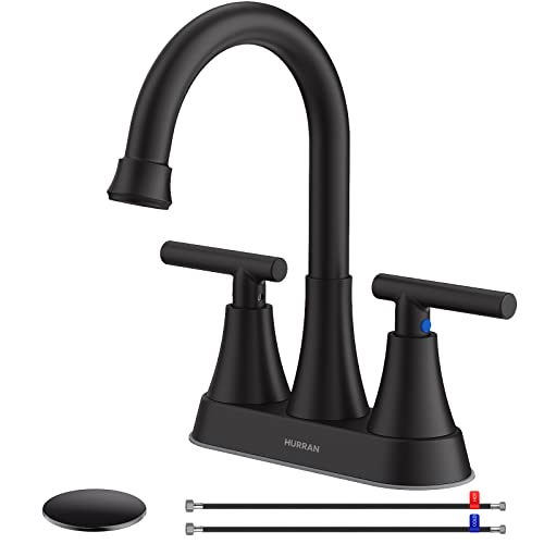 Bathroom Faucets for Sink 3 Hole  Hurran 4 inch Matte Black with Pop up Drain and 2 Supply Hoses  Stainless Steel Lead Free 2 Handle Centerset Faucet for Sink Vanity
