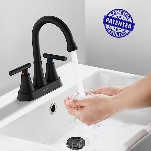 Bathroom Faucets for Sink 3 Hole  Hurran 4 inch Matte Black with Pop up Drain and 2 Supply Hoses  Stainless Steel Lead Free 2 Handle Centerset Faucet for Sink Vanity