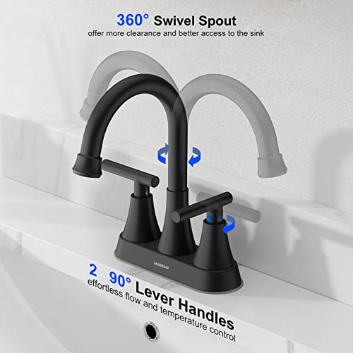 Bathroom Faucets for Sink 3 Hole  Hurran 4 inch Matte Black with Pop up Drain and 2 Supply Hoses  Stainless Steel Lead Free 2 Handle Centerset Faucet for Sink Vanity