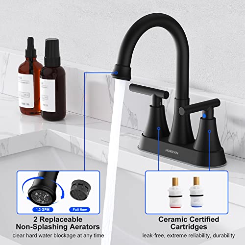 Bathroom Faucets for Sink 3 Hole  Hurran 4 inch Matte Black with Pop up Drain and 2 Supply Hoses  Stainless Steel Lead Free 2 Handle Centerset Faucet for Sink Vanity