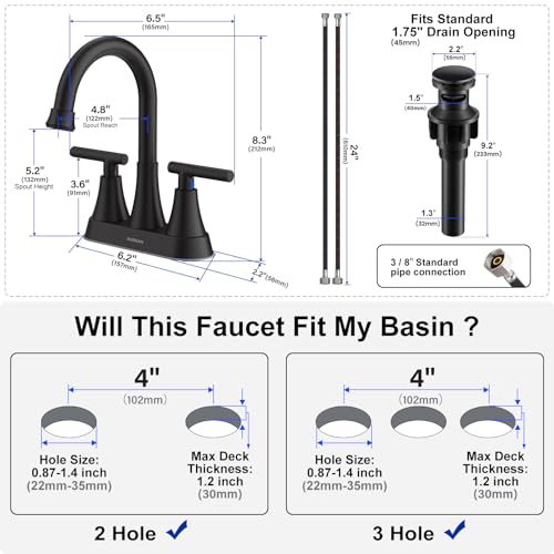 Bathroom Faucets for Sink 3 Hole  Hurran 4 inch Matte Black with Pop up Drain and 2 Supply Hoses  Stainless Steel Lead Free 2 Handle Centerset Faucet for Sink Vanity