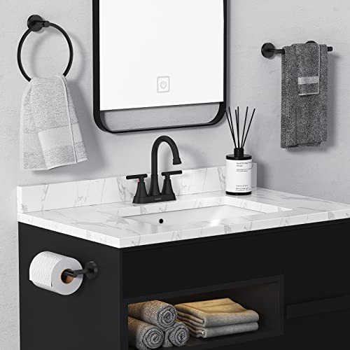 Bathroom Faucets for Sink 3 Hole  Hurran 4 inch Matte Black with Pop up Drain and 2 Supply Hoses  Stainless Steel Lead Free 2 Handle Centerset Faucet for Sink Vanity