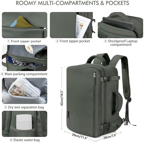 Beraliy Travel Backpack for Men Women  Carry On Backpack  16 Inch Laptop Backpack  Waterproof Hiking Backpack  Casual Outdoor Daypack College Bag  Olive green