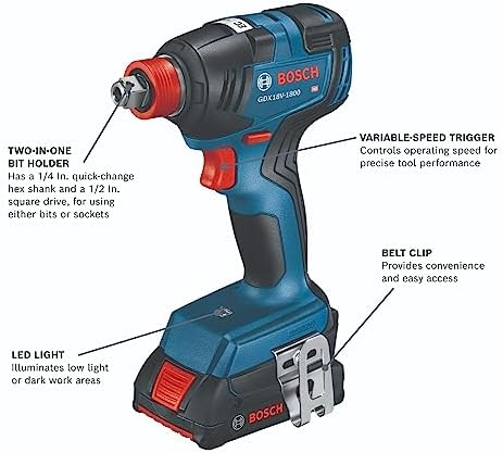 Bosch GXL18V 240B22 18V 2 Tool Combo Kit with 1/2 In  Hammer Drill/Driver  Two In One 1/4 In  and 1/2 In  Bit/Socket Impact Driver/Wrench and  2  2 Ah Standard Power Batteries