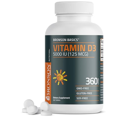 Bronson Vitamin D3 5000iu  125mcg  1 Year Supply for Healthy Muscle Function and Immune Support  Non GMO  360 Tablets