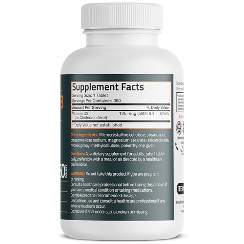 Bronson Vitamin D3 5000iu  125mcg  1 Year Supply for Healthy Muscle Function and Immune Support  Non GMO  360 Tablets