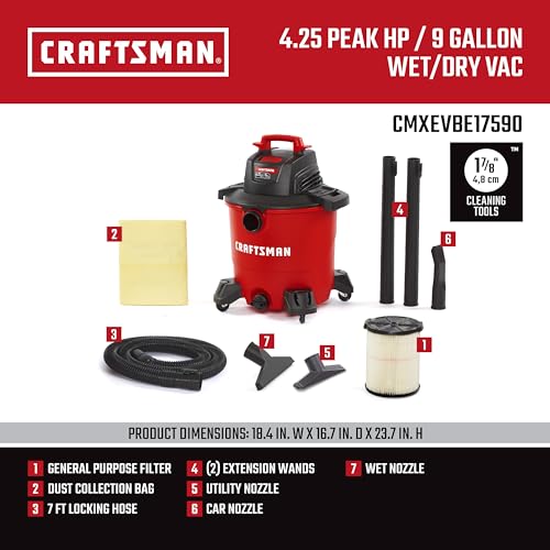 CRAFTSMAN CMXEVBE17590 9 Gallon 4 25 Peak HP Wet Dry Vac  Portable Shop Vacuum Wet and Dry with Filter  Dust Bag  Hose and Attachments for Home  Garage and Automotive Cleaning