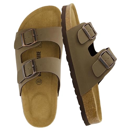 CUSHIONAIRE Lane Cork Footbed Sandals for Women   Comfortable Double Buckle Slip On with Genuine Suede Footbed & Arch Support Slides for Women Footwear