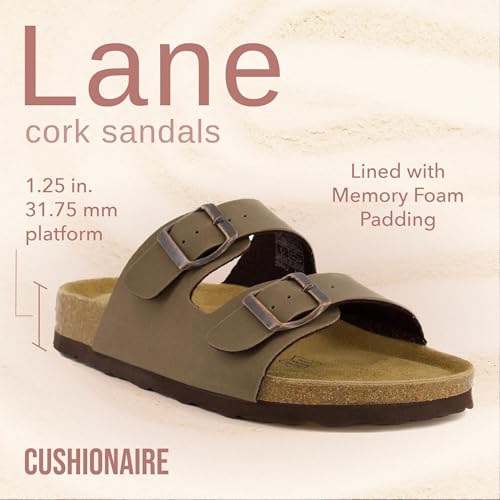 CUSHIONAIRE Lane Cork Footbed Sandals for Women   Comfortable Double Buckle Slip On with Genuine Suede Footbed & Arch Support Slides for Women Footwear