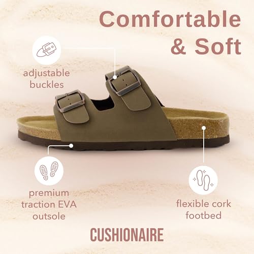CUSHIONAIRE Lane Cork Footbed Sandals for Women   Comfortable Double Buckle Slip On with Genuine Suede Footbed & Arch Support Slides for Women Footwear