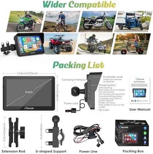 Carpuride W502 Motorcycle GPS Wireless Portable Carplay/Android Auto Waterproof Car Stereo  5 IPS Touch Screen with Dual Bluetooth  Navigation/Siri/G00gle Assistant for Motorbike
