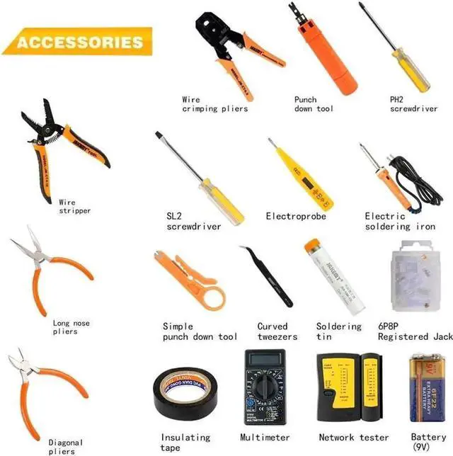 Computer Tool Kits   Professional 17 in 1 Network Cable Maintenance Tools   RJ45/RJ11/8P8C Connectors  LAN/Cat5e/Cat6 Cable Tester  Soldering Iron  Ethernet Stripping/Crimp Pliers Tool kit