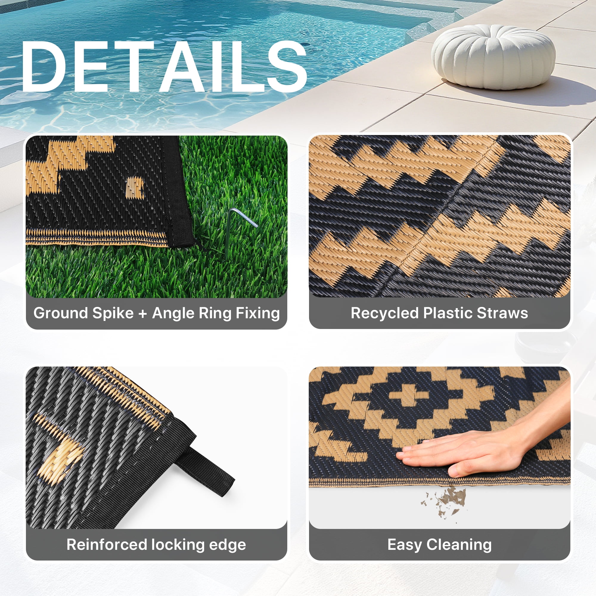 DEORAB Outdoor Rugs Waterproof Plastic Straw Mat 6 x9  Reversible for RV Patio Deck Beach Black & Brown