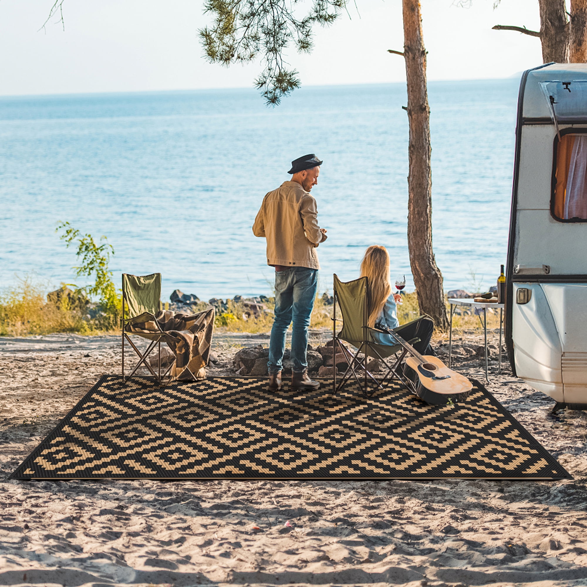 DEORAB Outdoor Rugs Waterproof Plastic Straw Mat 6 x9  Reversible for RV Patio Deck Beach Black & Brown