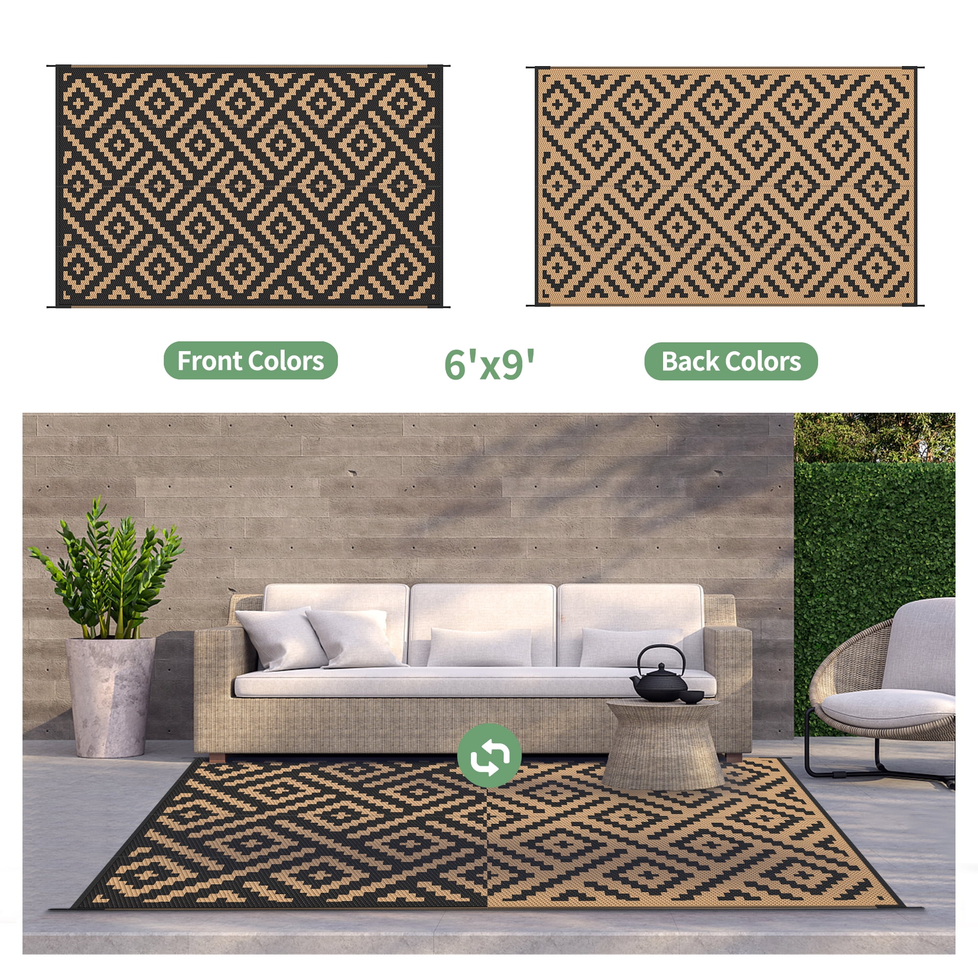 DEORAB Outdoor Rugs Waterproof Plastic Straw Mat 6 x9  Reversible for RV Patio Deck Beach Black & Brown