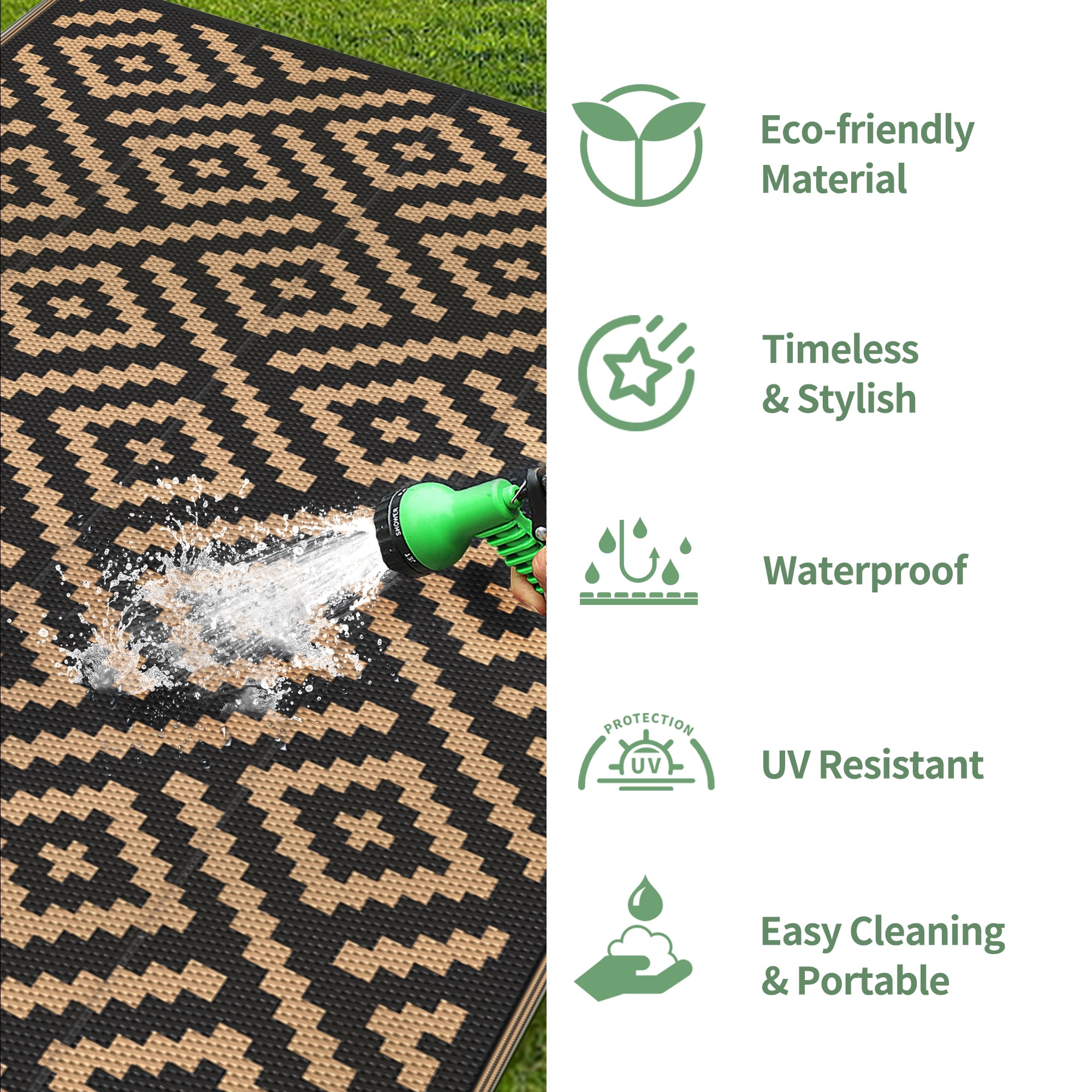 DEORAB Outdoor Rugs Waterproof Plastic Straw Mat 6 x9  Reversible for RV Patio Deck Beach Black & Brown