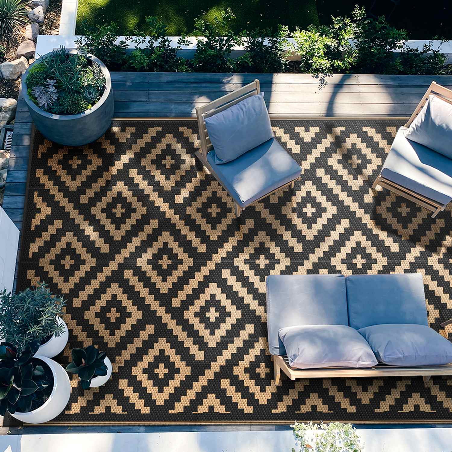 DEORAB Outdoor Rugs Waterproof Plastic Straw Mat 6 x9  Reversible for RV Patio Deck Beach Black & Brown