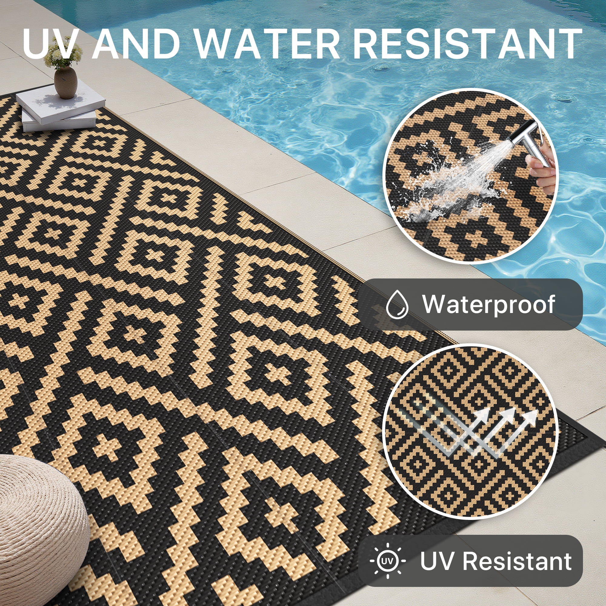 DEORAB Outdoor Rugs Waterproof Plastic Straw Mat 6 x9  Reversible for RV Patio Deck Beach Black & Brown