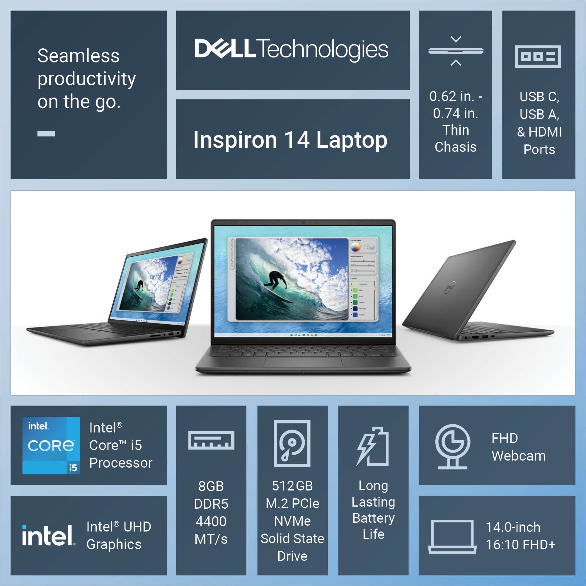 Dell Inspiron 14 Laptop 5440 14 inch FHD  Intel Core i5 1334U 8GB RAM 512GB NVMe SSD Carbon Black