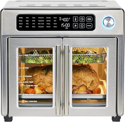 Emeril Lagasse Extra Large French Door Air Fryer Toaster Oven Combo  24 Cooking Functions and Digital Controls  7 Accessories Included  Stainless Steel Finish  26QT Capacity