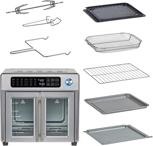 Emeril Lagasse Extra Large French Door Air Fryer Toaster Oven Combo  24 Cooking Functions and Digital Controls  7 Accessories Included  Stainless Steel Finish  26QT Capacity