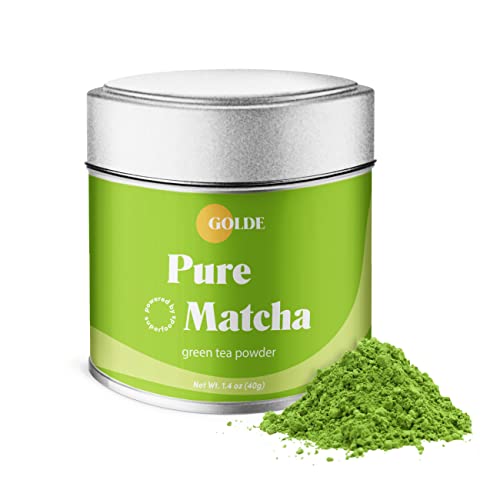 GOLDE   Pure Matcha   Ceremonial Grade Matcha Powder   Organic Green Tea Superfood w/L Theanine   Rich in Antioxidants   Vegan   Gluten Free   60mg Caffeine   Jitter Free Energy   30g Tin