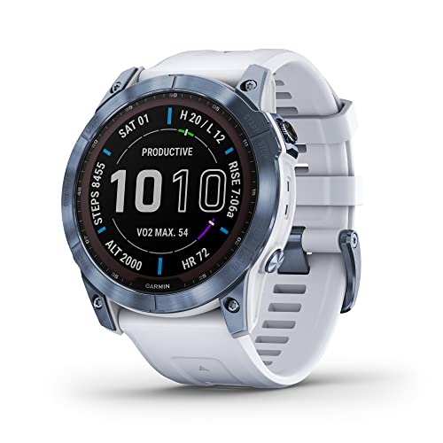 Garmin Fenix 7X Sapphire Solar  Adventure Smartwatch  w/Solar Charging Capabilities  Rugged Outdoor GPS Watch  Touchscreen  Wellness Features  Mineral Blue Titanium w/Whitestone Band  Renewed 