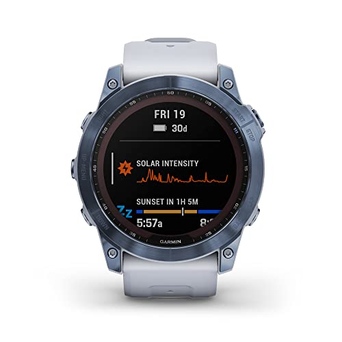 Garmin Fenix 7X Sapphire Solar  Adventure Smartwatch  w/Solar Charging Capabilities  Rugged Outdoor GPS Watch  Touchscreen  Wellness Features  Mineral Blue Titanium w/Whitestone Band  Renewed 