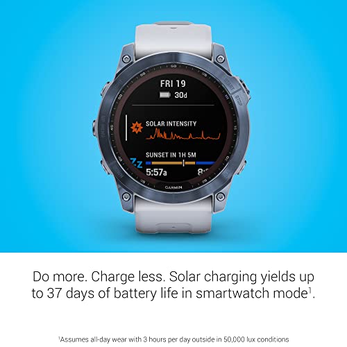 Garmin Fenix 7X Sapphire Solar  Adventure Smartwatch  w/Solar Charging Capabilities  Rugged Outdoor GPS Watch  Touchscreen  Wellness Features  Mineral Blue Titanium w/Whitestone Band  Renewed 