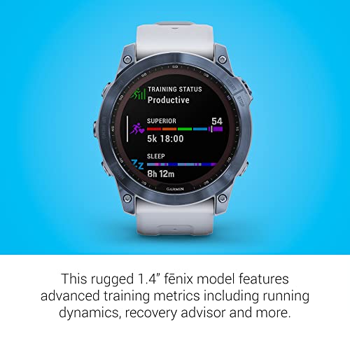 Garmin Fenix 7X Sapphire Solar  Adventure Smartwatch  w/Solar Charging Capabilities  Rugged Outdoor GPS Watch  Touchscreen  Wellness Features  Mineral Blue Titanium w/Whitestone Band  Renewed 