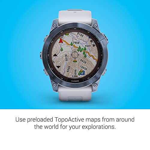 Garmin Fenix 7X Sapphire Solar  Adventure Smartwatch  w/Solar Charging Capabilities  Rugged Outdoor GPS Watch  Touchscreen  Wellness Features  Mineral Blue Titanium w/Whitestone Band  Renewed 