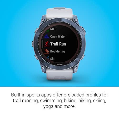 Garmin Fenix 7X Sapphire Solar  Adventure Smartwatch  w/Solar Charging Capabilities  Rugged Outdoor GPS Watch  Touchscreen  Wellness Features  Mineral Blue Titanium w/Whitestone Band  Renewed 