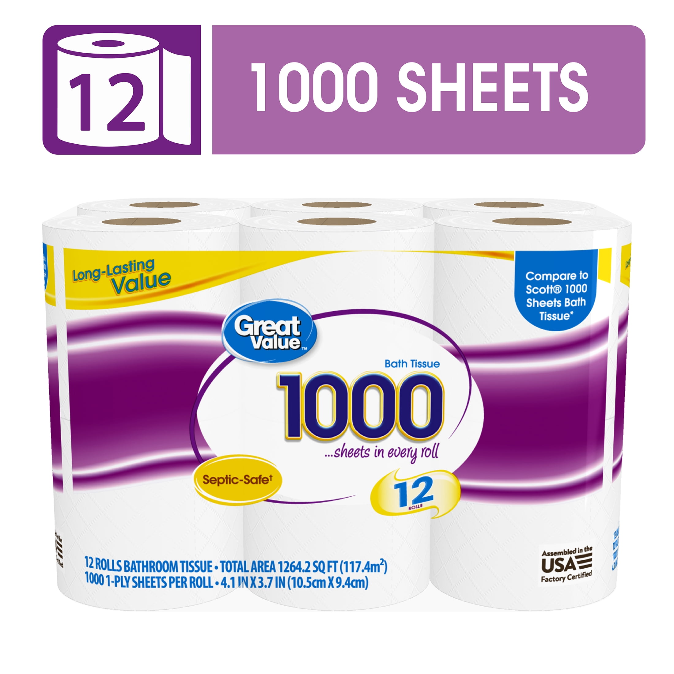 Great Value 1000 Sheets per Roll Toilet Paper  12 Rolls  Compare to Scott  1000 Sheets Bath Tissue