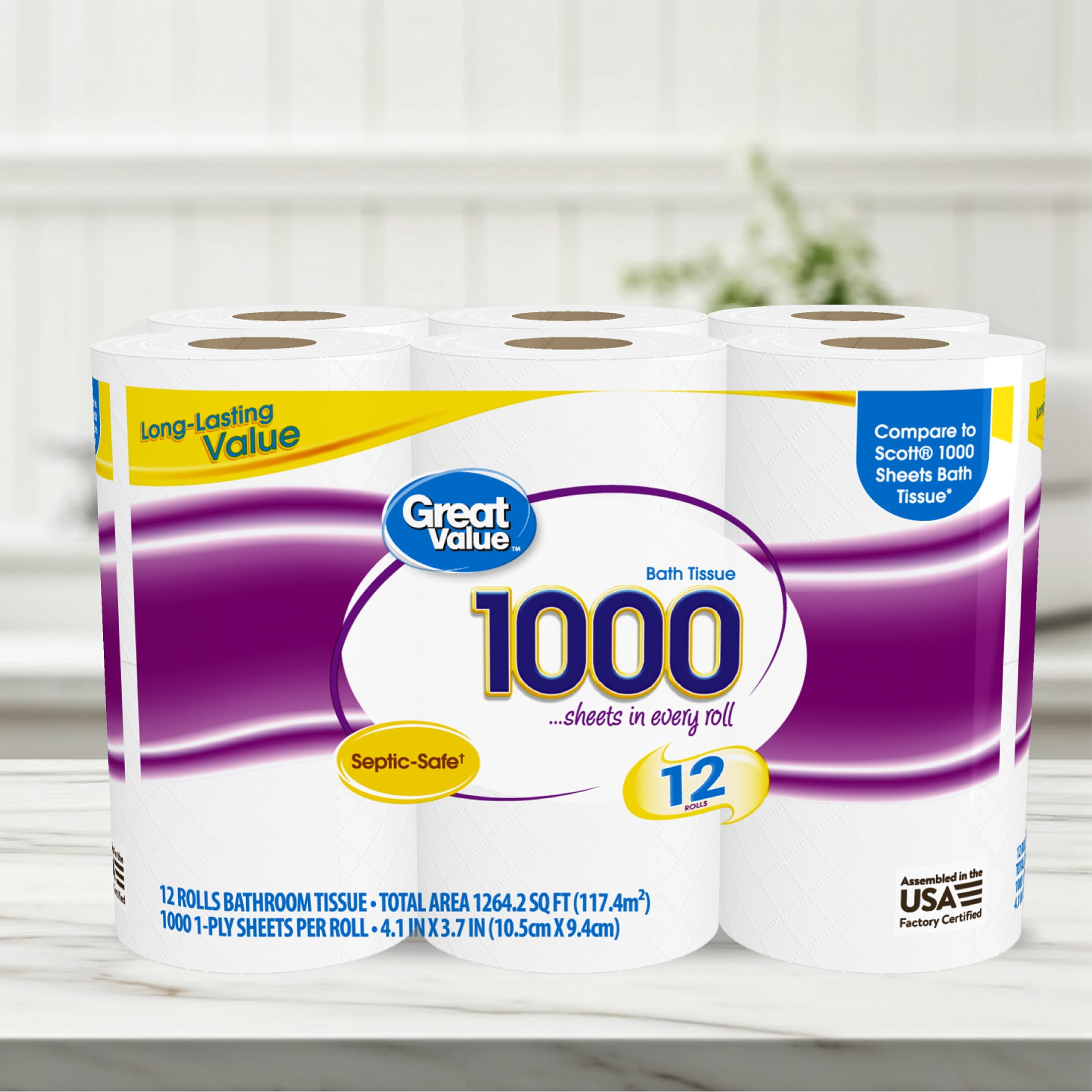 Great Value 1000 Sheets per Roll Toilet Paper  12 Rolls  Compare to Scott  1000 Sheets Bath Tissue