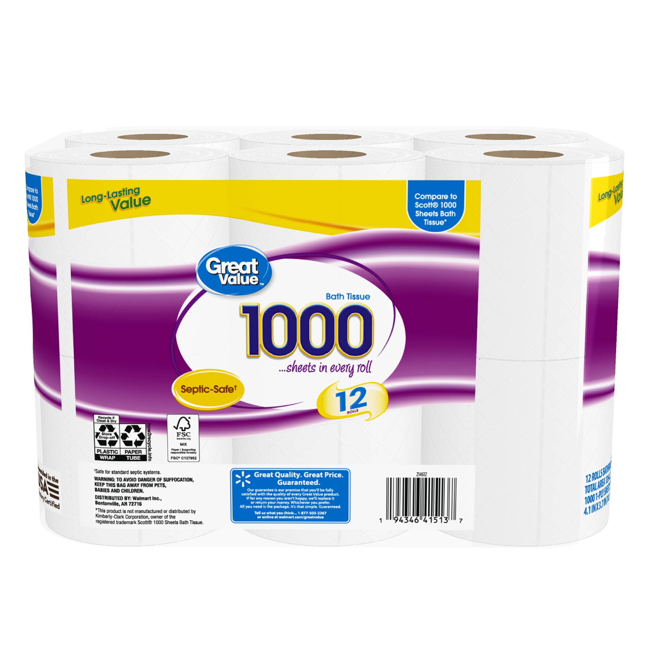 Great Value 1000 Sheets per Roll Toilet Paper  12 Rolls  Compare to Scott  1000 Sheets Bath Tissue