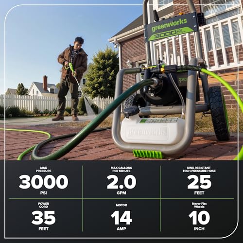 Greenworks Pro Brushless 3000 PSI  CSA Certified  2 0 GPM Max / 1 1 GPM Electric Pressure Washer  Foldable Handles  Rugged Steel Frame  25 FT Hose  35 FT GFCI Power Cord 