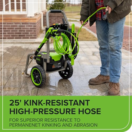 Greenworks Pro Brushless 3000 PSI  CSA Certified  2 0 GPM Max / 1 1 GPM Electric Pressure Washer  Foldable Handles  Rugged Steel Frame  25 FT Hose  35 FT GFCI Power Cord 