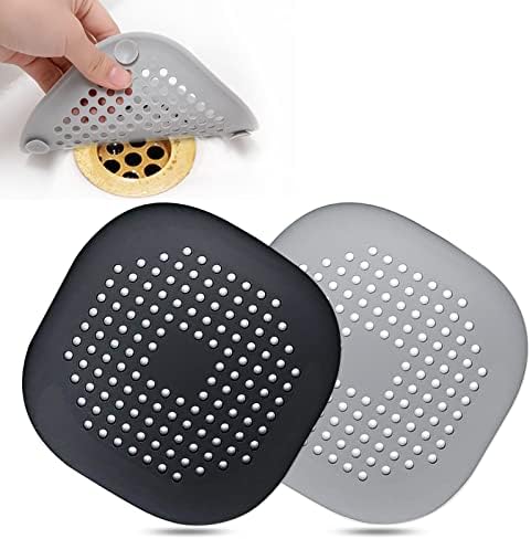 Hair Drain Catcher Square Drain Cover for Shower Silicone Hair Stopper with Suction Cup Easy to Install Suit for Bathroom Bathtub Kitchen 2 Pack  Sliver Grey 