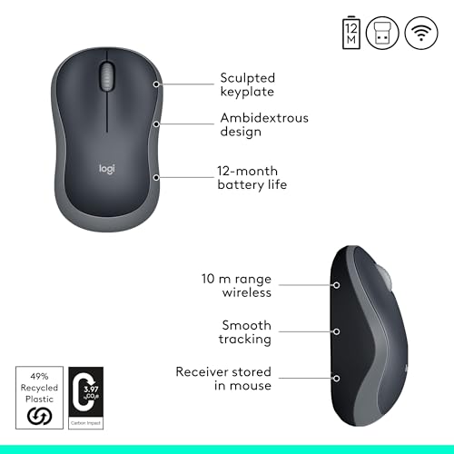Logitech M185 Wireless Mouse  2 4GHz with USB Mini Receiver  12 Month Battery Life  1000 DPI Optical Tracking  Ambidextrous PC/Mac/Laptop   Swift Grey