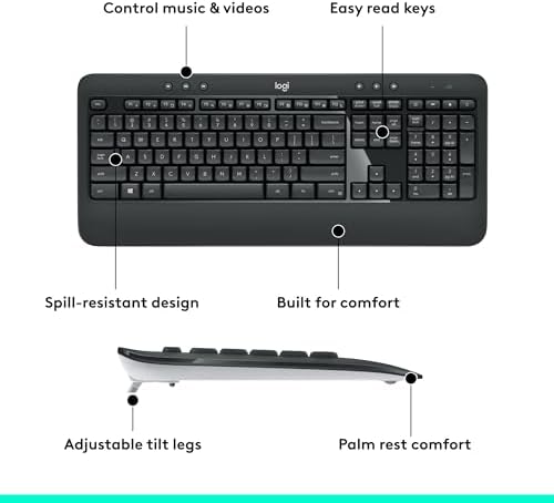 Logitech MK540 Advanced Wireless Keyboard and Mouse Combo for Windows  2 4 GHz Unifying USB Receiver  Multimedia Hotkeys  3 Year Battery Life  for PC  Laptop