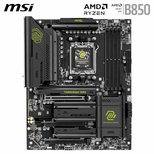 MSI MAG B850 Tomahawk MAX WiFi Motherboard  ATX   Supports AMD Ryzen 9000/8000 / 7000 Processors  AM5 80A SPS VRM  DDR5 Memory Boost 8400  MT/s  OC   PCIe 5 0 x16  M 2 Gen5  Wi Fi 7  5G LAN