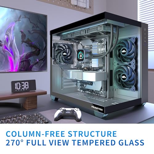 MUSETEX ATX PC Case  3 x 120mm Fans Pre Installed  360MM RAD Support  270  Full View Tempered Glass Gaming PC Case with Type C  Mid Tower ATX Computer Case  Black  Y6
