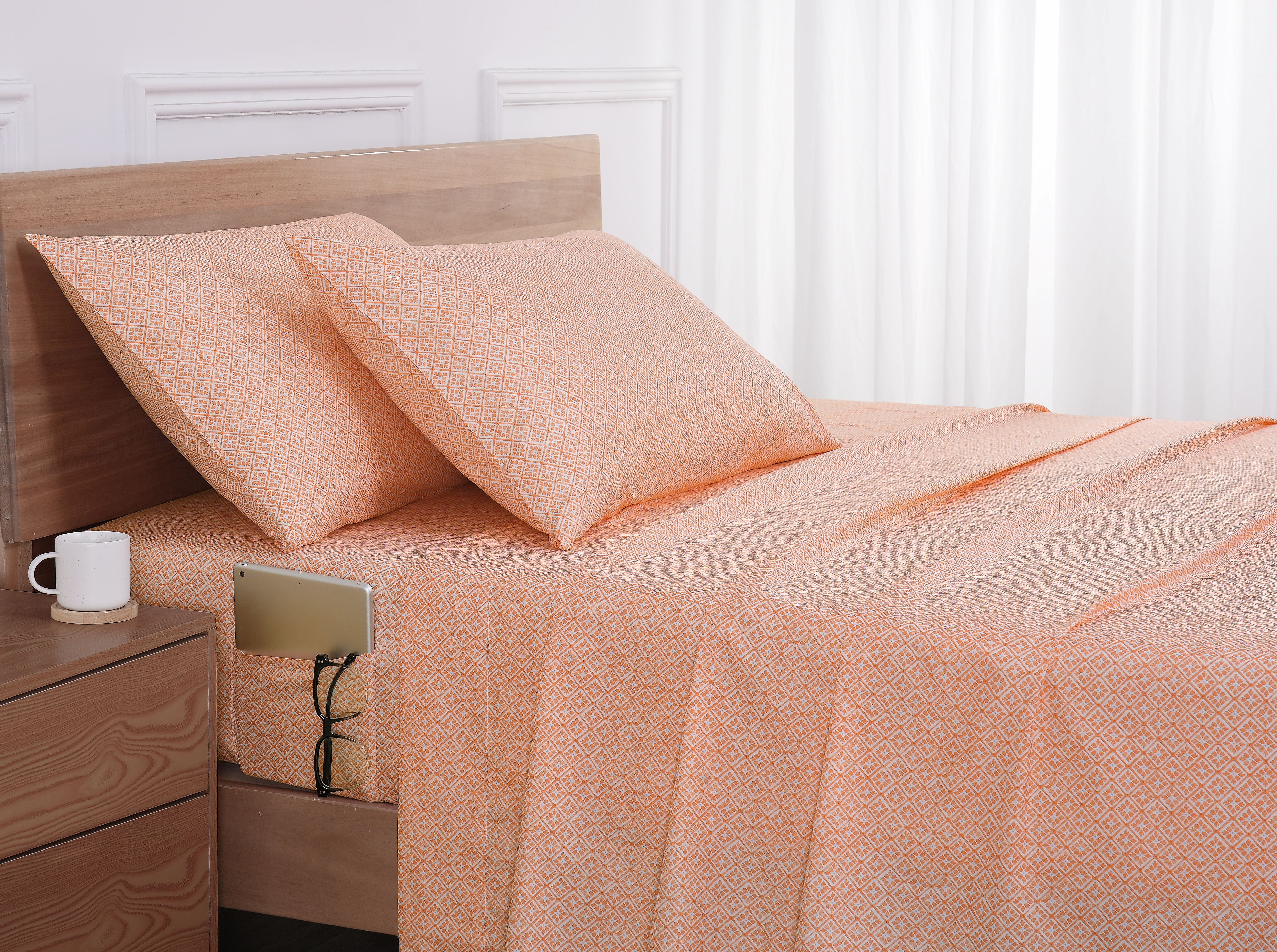 Mainstays by Becky G  & Alejandra 4 Piece Orange Warm Geo Super Soft Brushed Microfiber Bed Sheet Set  Full