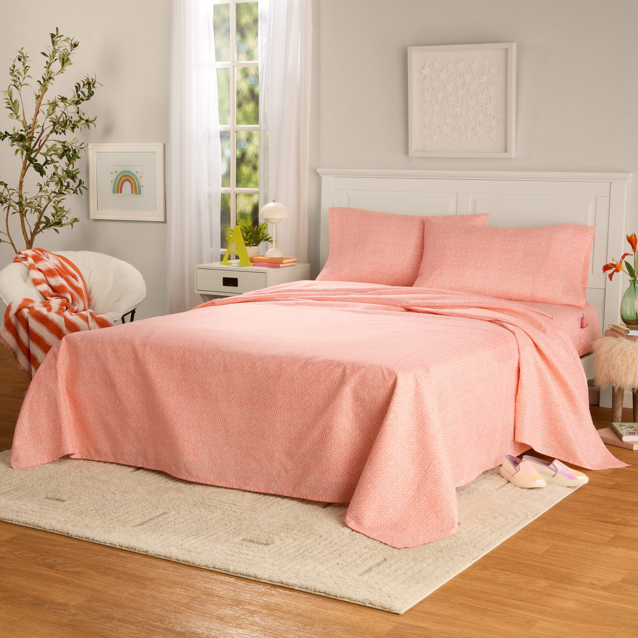 Mainstays by Becky G  & Alejandra 4 Piece Orange Warm Geo Super Soft Brushed Microfiber Bed Sheet Set  Full